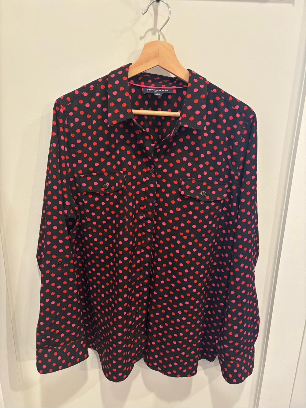Jones New York Black Blouse with Red Polka Dots